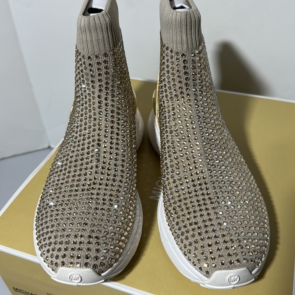 Michael Kors Katrina stretch knit bootie hot fix stones embellished sparkly gold - Picture 6 of 12